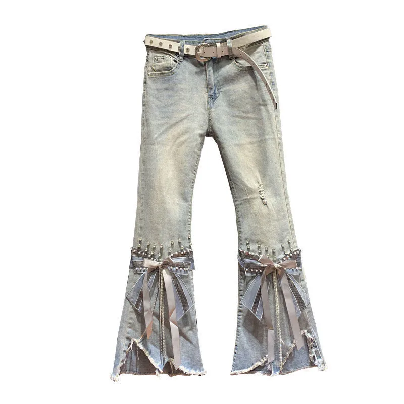 High Waist Jeans Women Ripped Cropped Jeans Women's 2022 Spring New Irregular Beaded Bow Flared Denim Pants Ladies Jeans