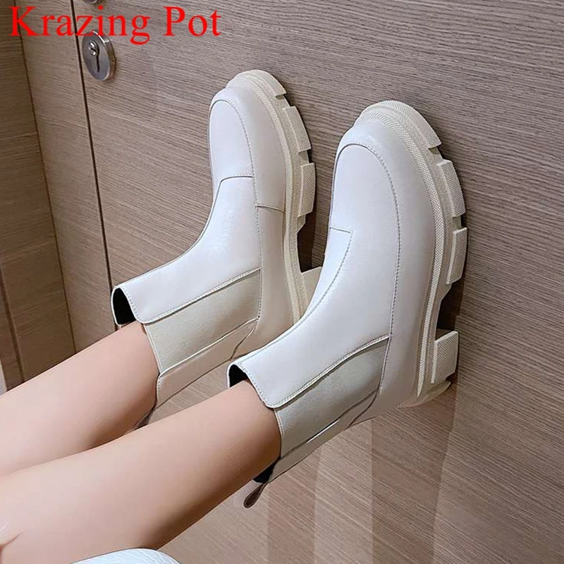 

Krazing Pot ins big size genuine leather platform Chelsea boots slip on warm winter shoes solid brand casual elegant ankle boots