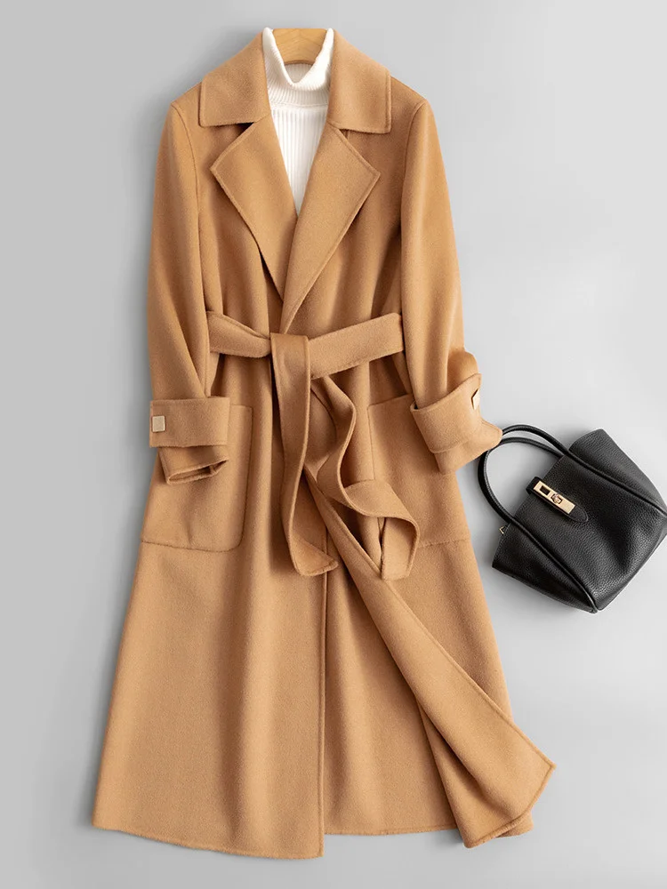 

Shzq двухстороннее кашемировое пальто, женское средней длины, новинка 2021, осень и зима, корейское высококачественное модное шерстяное пальто ...