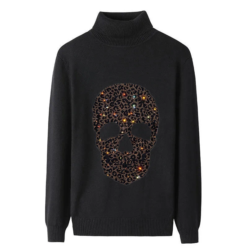 

Autumn And Winter Men's Turtleneck Sweater Slim Fit Wool Rhinestone Hip-Hop Pullover Fashion Long-Sleeved Knitwear 4XL