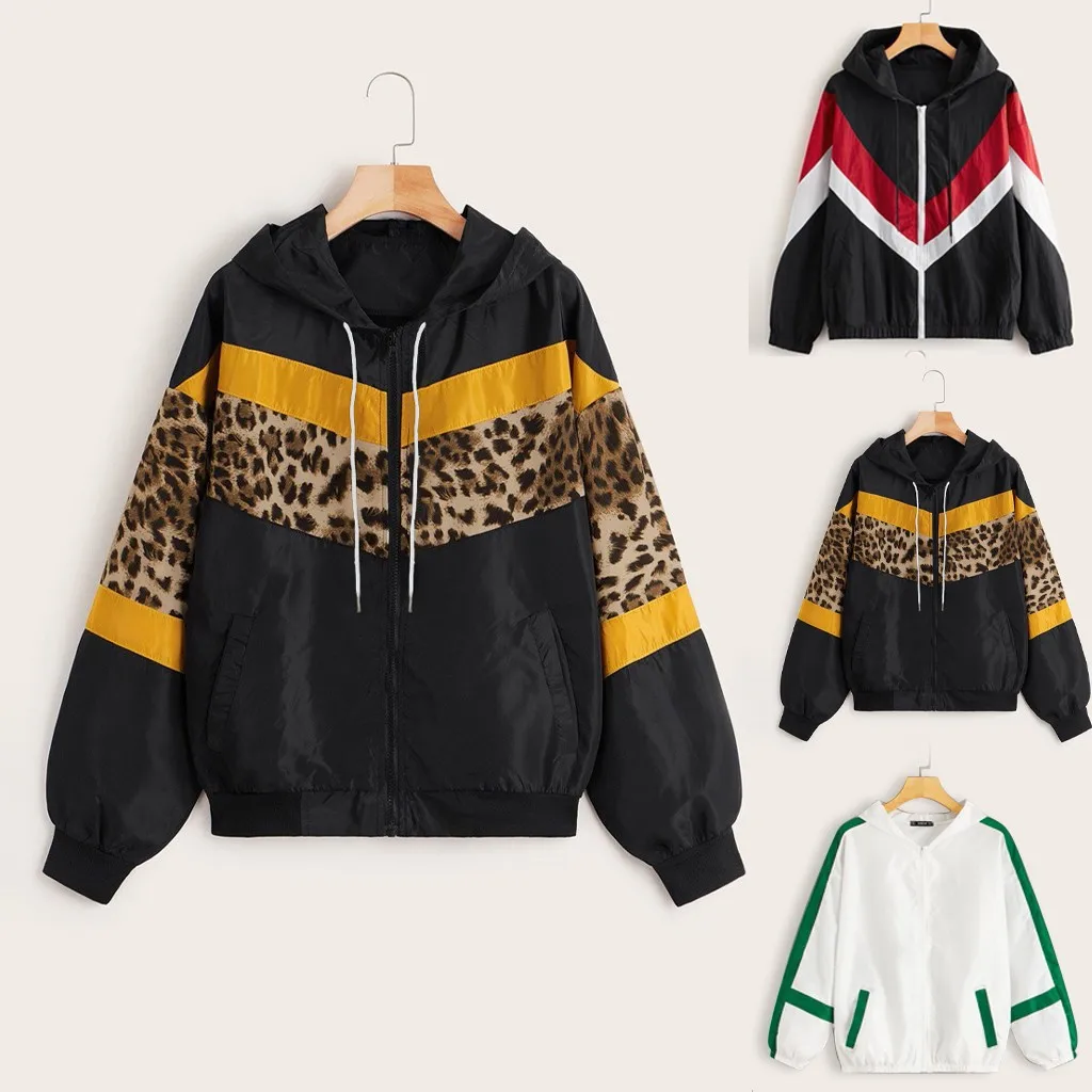 

Fashion Womens Long Sleeve Leopard Patchwork Thin Jackets Casual Hooded Zipper Stitching Windbreaker Outwear Coat Chaqueta#g3