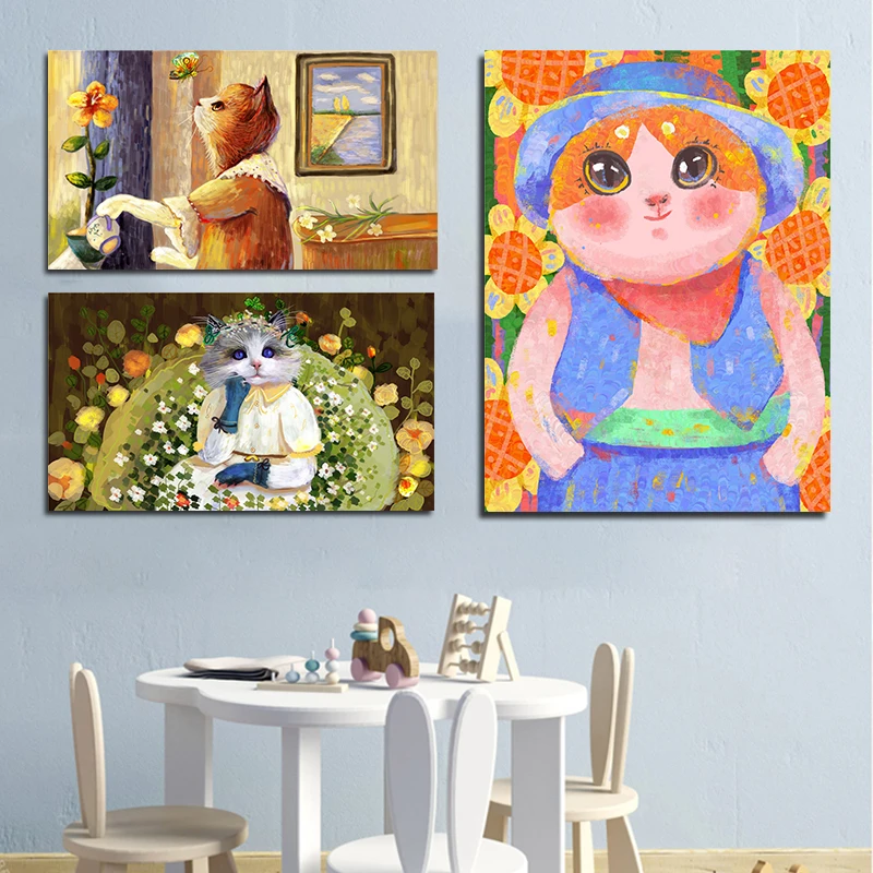 Минималистичный скандинавский стиль Kawaii кошка девушка и цветок художественные