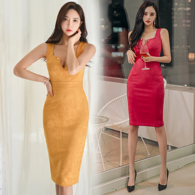 

Autumn Spring V-neck Sleeveless Korea Women Night Club Party OL Dresses Skinny Slim Bodycon Elegant Ladies Office Dress Clothes