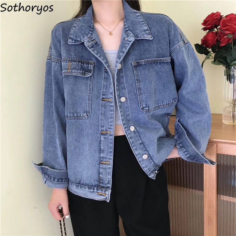 

Denim Jackets Women Straight Vintage Punk Style Fashion Unisex Multi Pockets Loose Female Single Breasted Outwear Autumn Blue BF