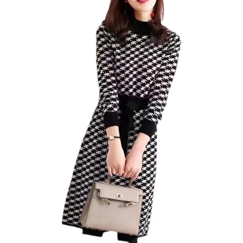 

Autumn And Winter Houndstooth Knitted Midi Dress Long Sleeve Slim Sweater Strappy Dress A-line Pullover Robe Femme Hiver 2021