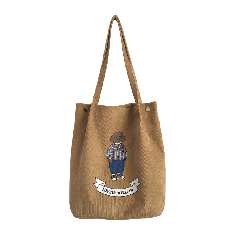 

Autumn Winter Women Corduroy Shoulder Bag Lovely Bear Print Striped Canvas Handbag Eco Cloth Tote Cute Soft Bags For Ladies