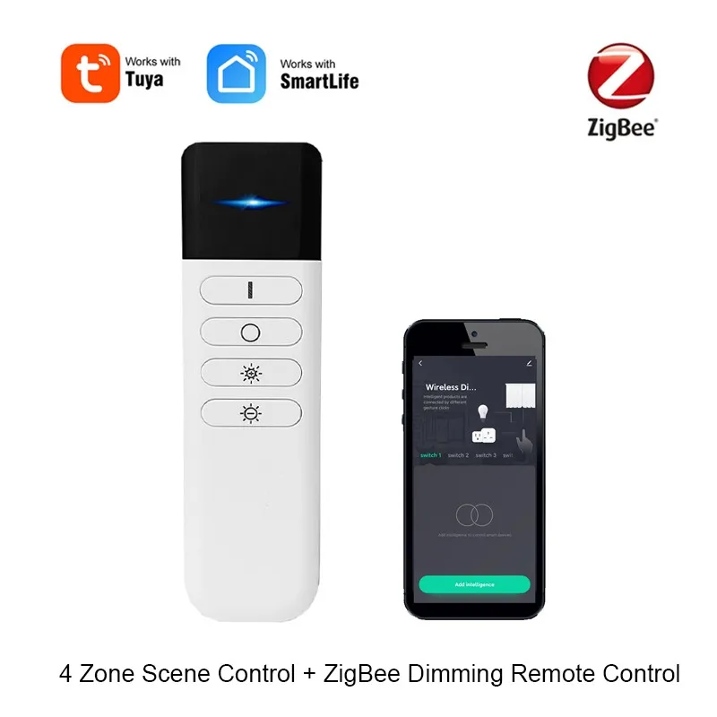 

Tuya ZigBee Smart Dimming + Wireless Scene Switch Wireless Scene Controller Switchable 4-key Dimming Works With ZigBee Gateway