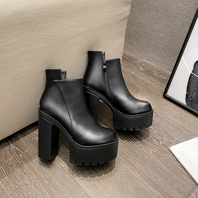 

Autumn Winter New Wild Round Toe High Heels Boots Shoes Thick-heeled Boots Women