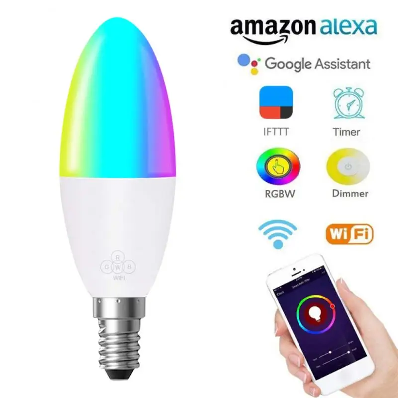 

1pcs WiFi Smart Bulb LED 6W RGB E14/E10/E27/B22 color changing light bulb Voice Remote App Control work with Alexa Google Home