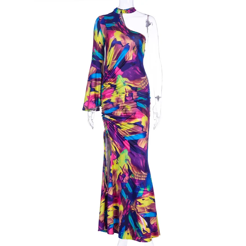 

Zoctuo 2020 Print Slit Dresses for Women Sexy One-Shoulder Flare Sleeve Summer Dresses Halter Club Maxi Dress Women Party Dress