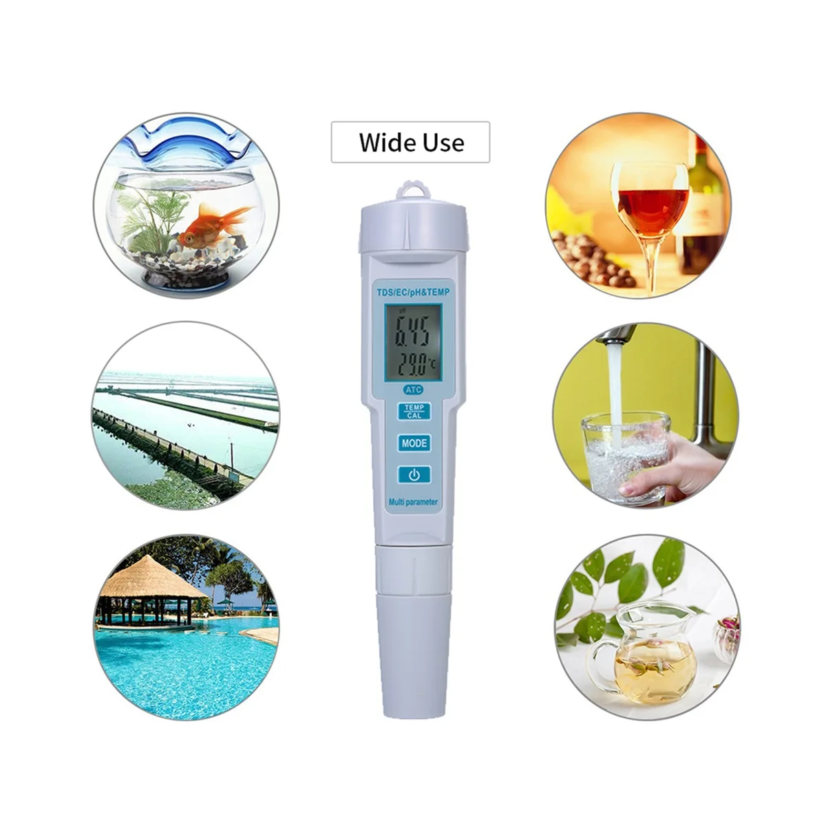 

4 in 1 Water Quality Tester pH/EC/Temperature Meter IP55 Waterproof Automatic Shutdown Backlight Display Tester White PH-686