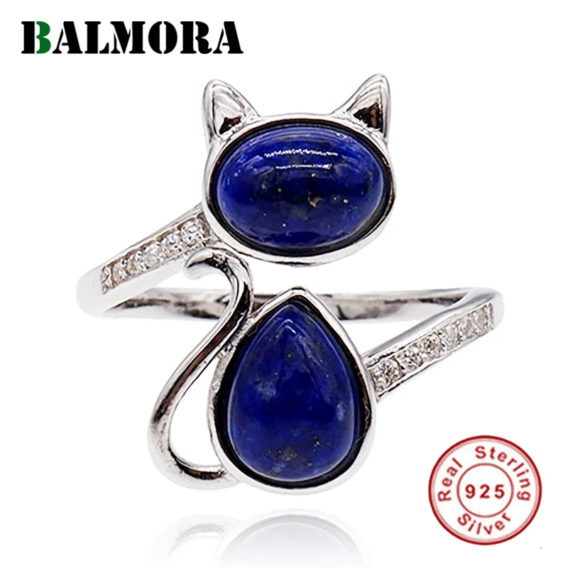 BALMORA, настоящее 925 пробы, серебряное кольцо с лазуритом, кошачьим котом для женщин, подарок для леди, Ретро стиль, простые милые ювелирные изделия для пальцев