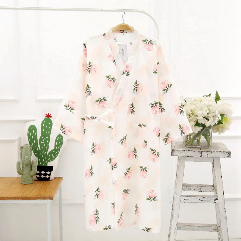 Summer Women Sleepwear Cotton Gauze Kimono Cherry Blossom and Bunny Long Robes Home Clothes Gowns Styles V-neck Bathrobe | Женская