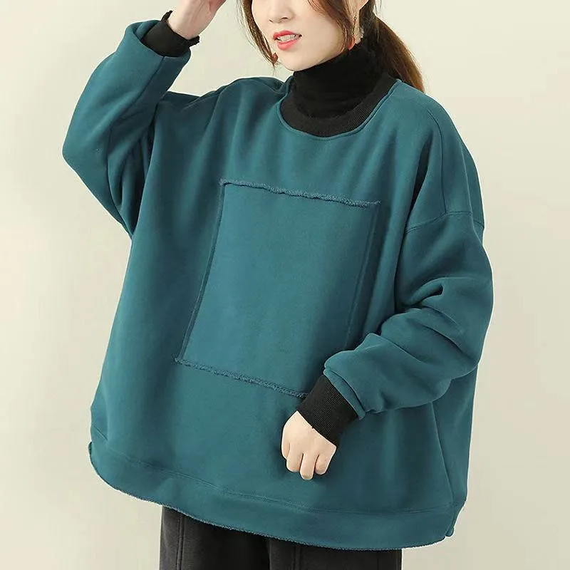 

2020 Autumn New Arts Style Women O-neck Loose Casual Solid Pullovers Plus Size Thicken Warm Cotton Long Sleeve Hoodies V48