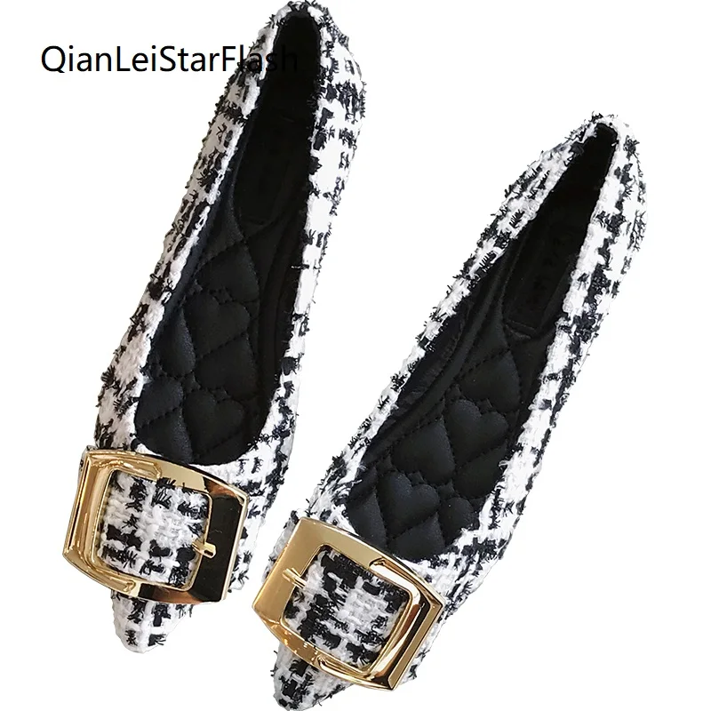

Women's Shoes 2020 Spring New Korean Version Square Buckle Plaid Woolen Peas Shoes Soft Bottom Flat Heel Shoes Check Style 33-45