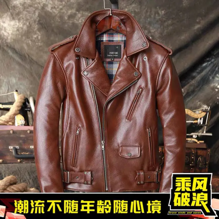 

Мужская короткая приталенная куртка из воловьей кожи, с воском