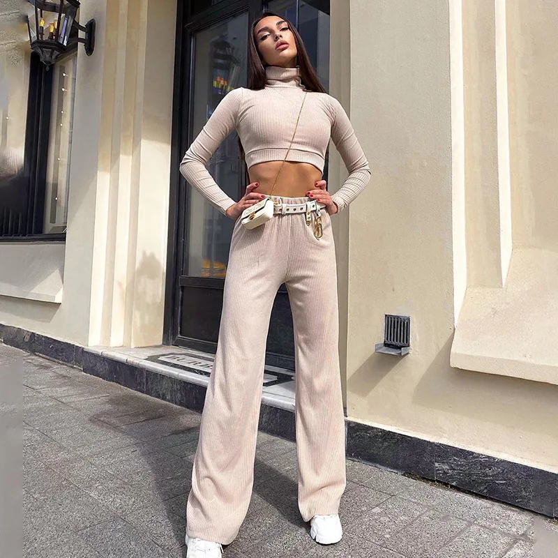 

Long Sleeve Turtleneck Crop Top And Pants Set Women Two Piece Loungewear 2021 New Fashion Y2k Abbigliamento Donna Matching Sets