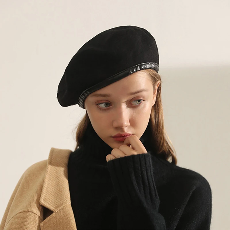 

Autumn and winter new hats for women PU leather-trimmed woolen beret British retro sailor dance solid color painter hat tourism