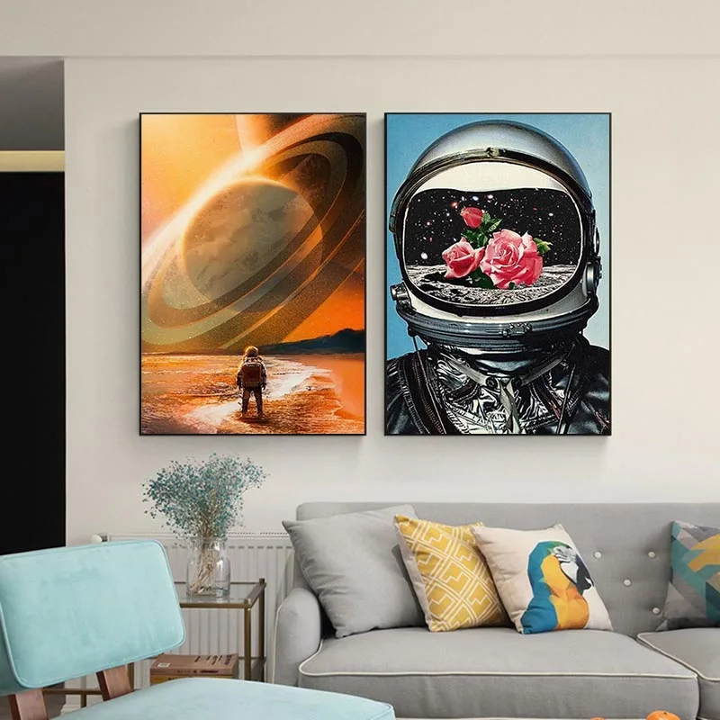 

Space Rose Astronaut Canvas Painting Walk On The Moon Universe Eploration Poster and Prints Wall Art Picture for LivingRoom Home