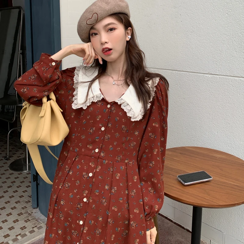 

Осень-зима 2021, милое кружевное платье в стиле ретро с цветочным узором для девочек.