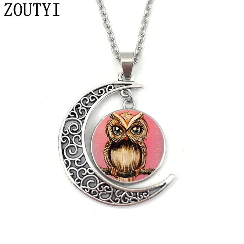 2019/Charming cute owl art moon convex crystal pendant necklace men's and women's necklaces gifts. | Украшения и