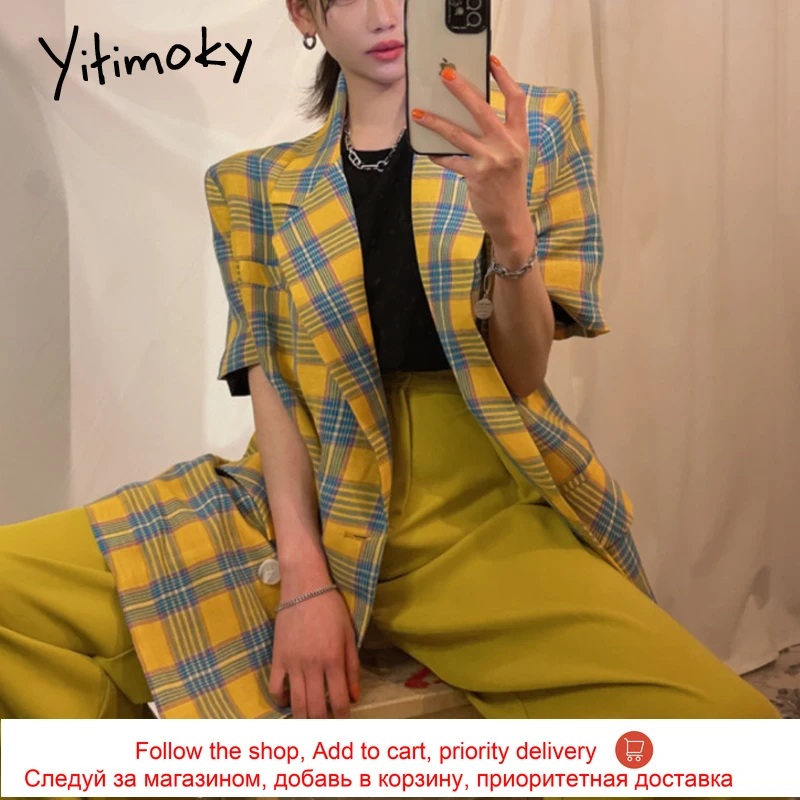 

Yitimoky Casual Woman Jacket Turn-Down Collar 2021 Summer Fashion Korean New Double Breasted Short Sleeve Loose Plaid Blazers