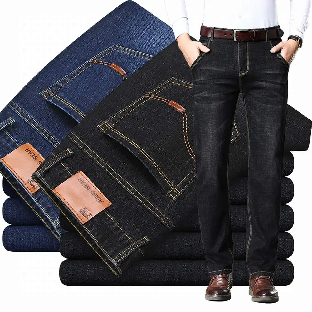 Men Brand Classic Business Straight Jeans Elastic Soft Comfort Stretch Denim Pants Blue Black Male Daily Casual Homme Trousers