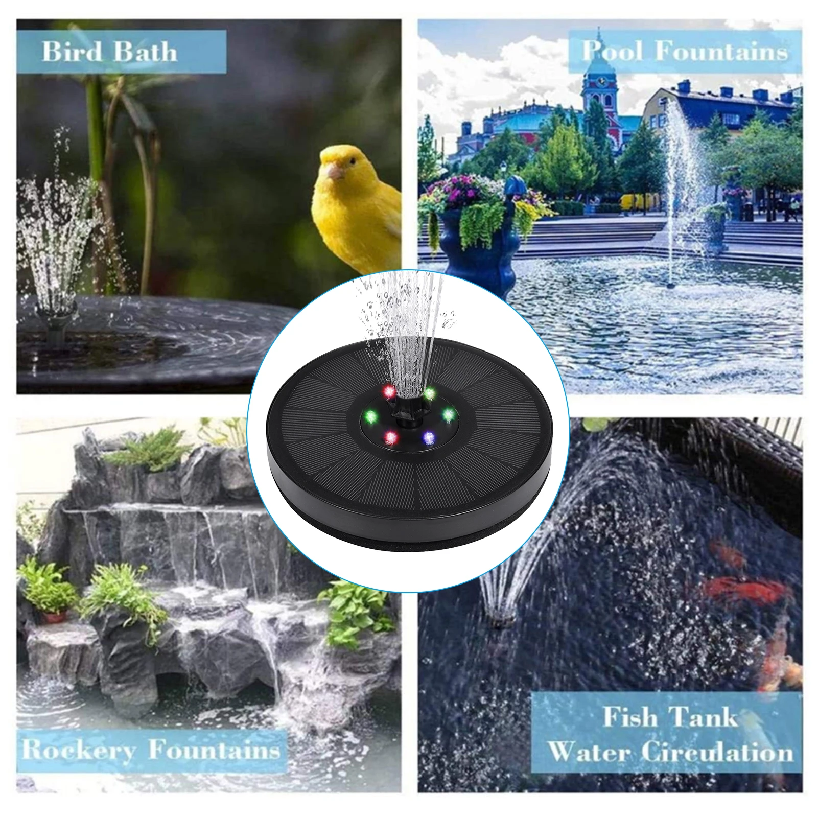 

Garden Solar Fountain Colorful LED Lights Swimming Pool Fountain Pump Panel Solar Powered Fountain Garden Decoration