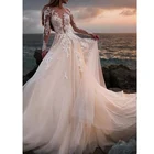 Винтажное Тюлевое свадебное платье цвета шампанского, Пляжная аппликация, ТРАПЕЦИЕВИДНОЕ свадебное платье, иллюзионное кружевное платье с длинными рукавами, Vestido De Bride