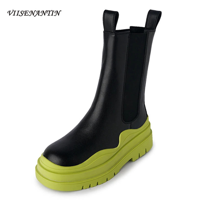 

Round-toe Sponge Cake Thick-soled Mid-tube Boots Avocado Green Chelsea Short Boots Autumn New Elastic Mouth Martin Boots