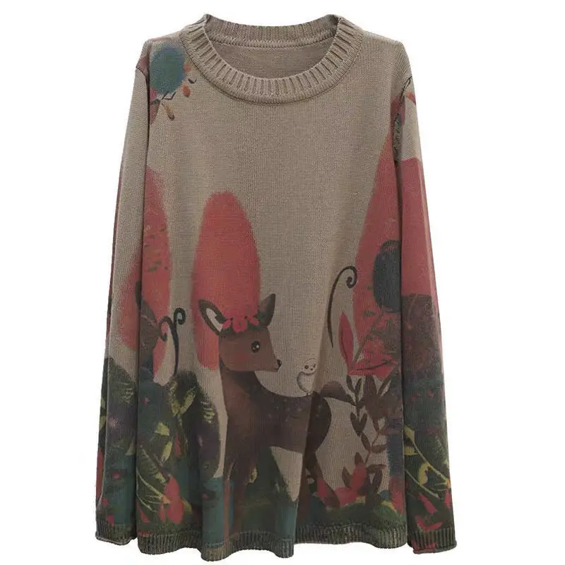 

Оригинальный ретро-литературный и художественный новый пуловер 2022 весна-осень с круглым вырезом женский свитер с принтом оленя шерстяной с...