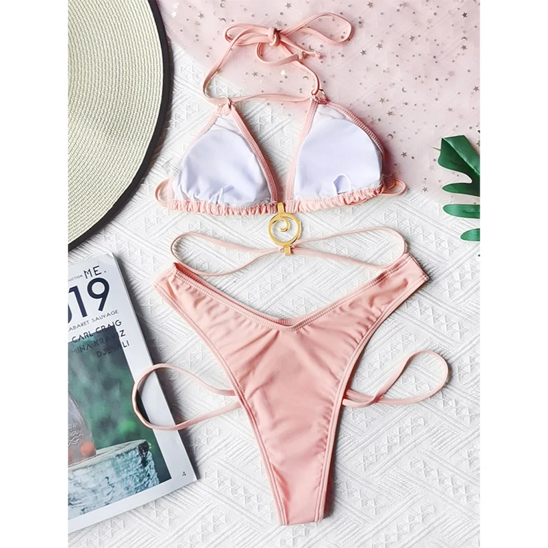 

Rivertrip Cut Out Bikini Set Sexy Women Swimwear 2021 Push Up Swimsuit Strap Halter Biquini High Leg Bathing Suit Red Beachwear