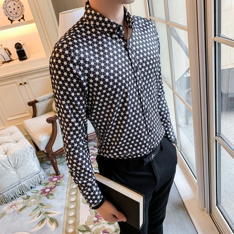 

Shirt Dress Men Dot Printing Stylish Long Sleeve Lapel Neck Streetwear Tops Retro Casual Shirts Men 2020 Designer Shirt