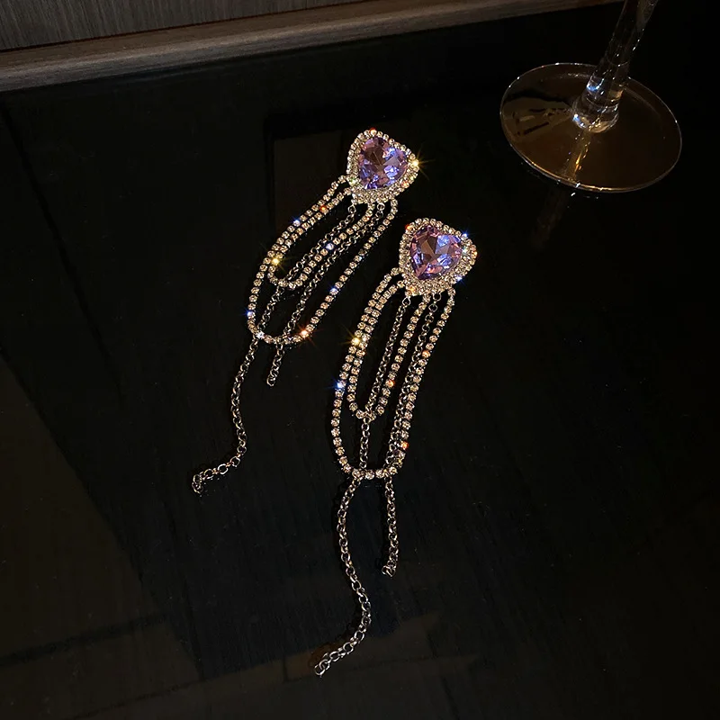 

LOVOACC Trendy Purple Color Clear Crystal Love Heart Pendant Earring for Women Long Spark Rhinestone Tassel Earrings Jewelry