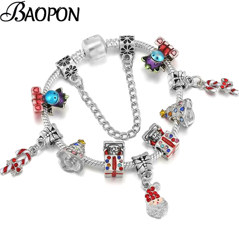 Женский браслет с бусинами в виде единорога радужными и подвеской Санта Клаус