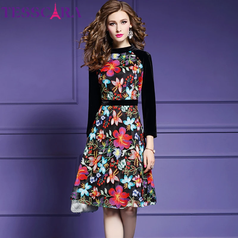 Женское зимнее роскошное Сетчатое платье TESSCARA с цветочной вышивкой женское