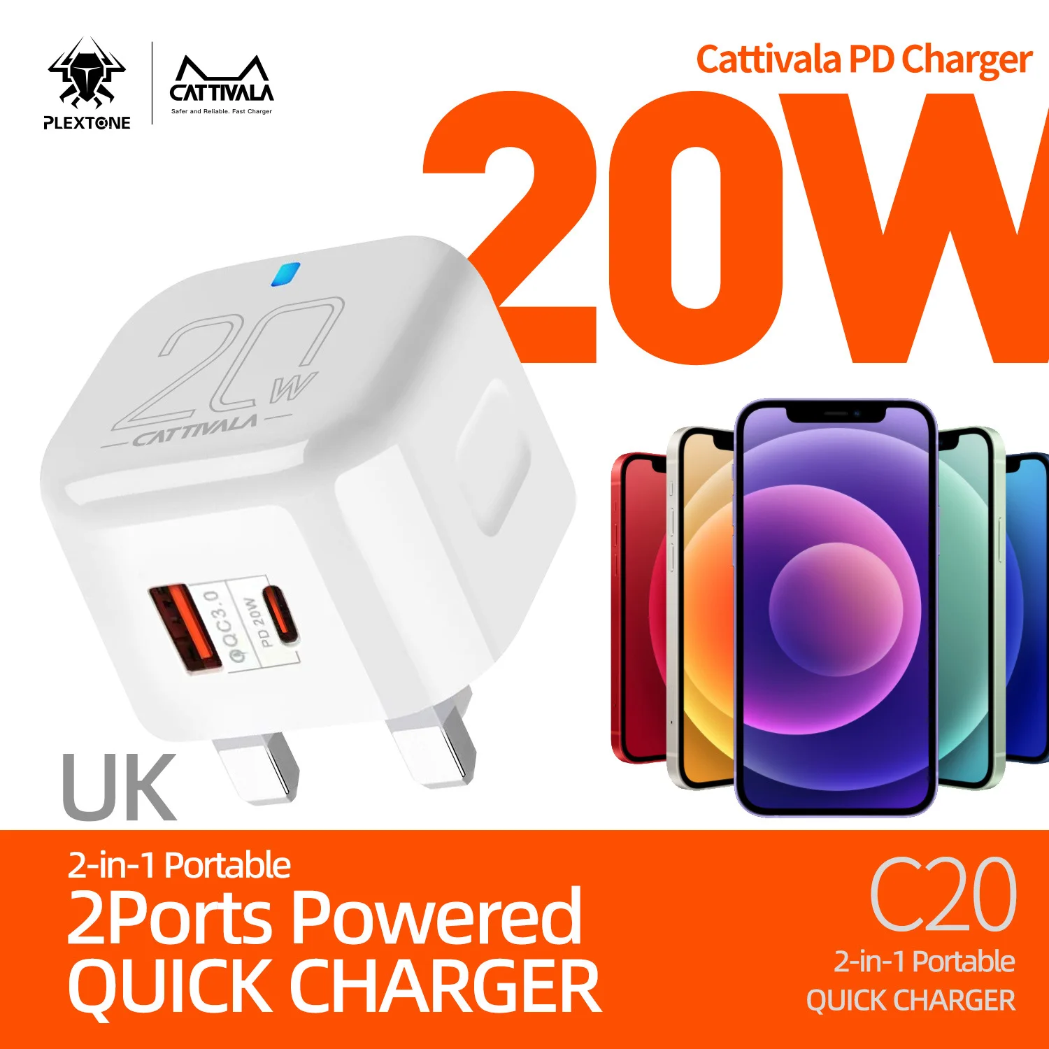Сетевое зарядное устройство Plextone CATTIVALA C20 с 4 USB-портами и поддержкой быстрой