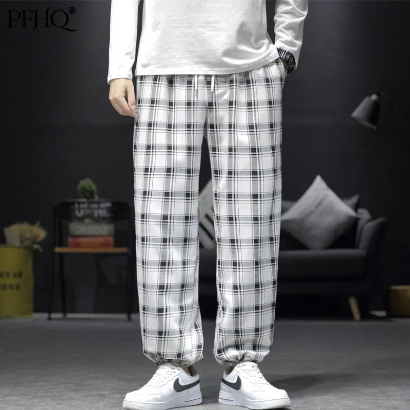 

PFHQ 2021 Autumn And Winter New Men's Korean Style Popular Fashion Loose Straight Casual Lattice Tie Feet Trousers 21E5429