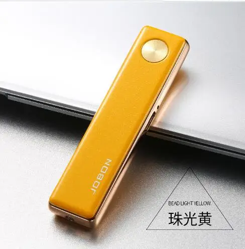 Jobon USB Зажигалка, ультра тонкая ветрозащитная металлическая зажигалка, Электронная зажигалка подарочная упаковка - Цвет: Цвет: желтый
