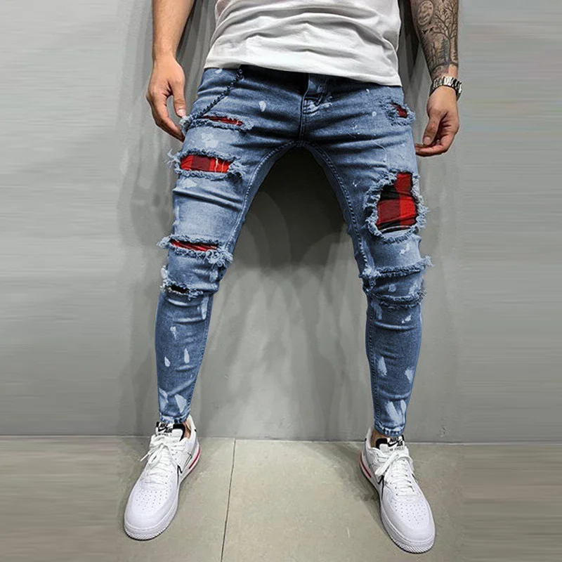 

SHZQ New Men's Quilted Embroidered Jeans Skinny Jeans Ripped Grid Stretch Denim Pants Man Patchwork Jogging Denim Trousers S-3xl