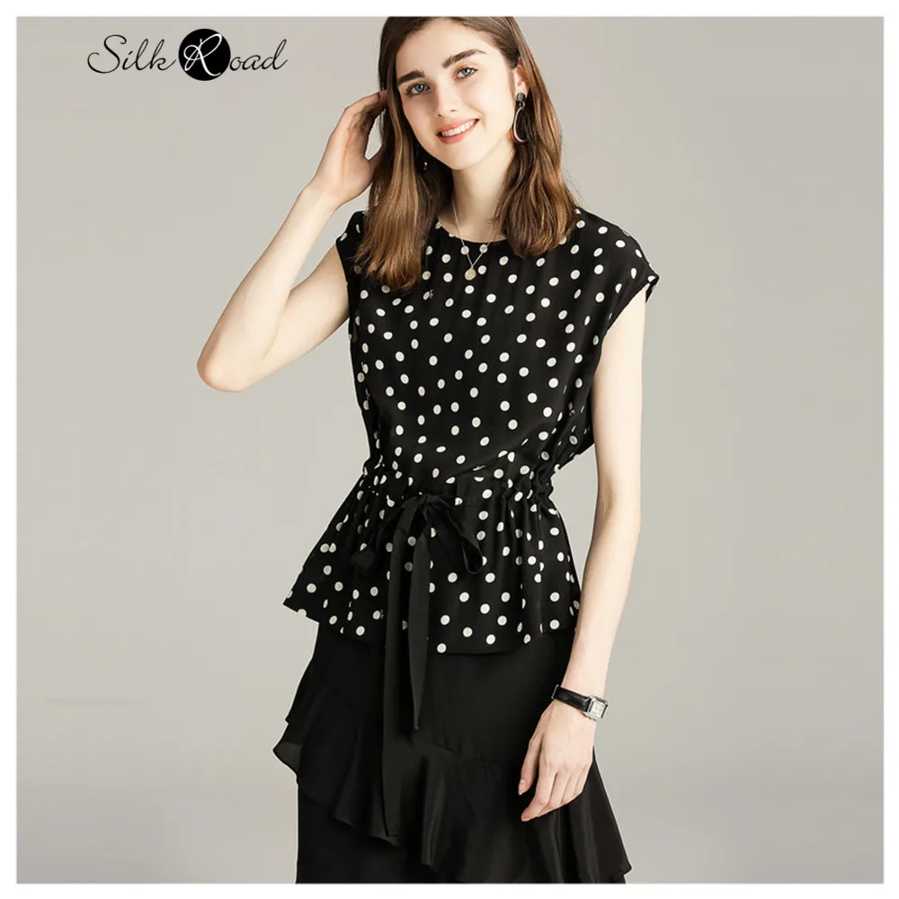 

Женский Шелковый Топ Silviye, с волнистым принтом в горошек, с круглым вырезом, без рукавов, лето