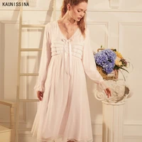 women princess dress autumn winter retro pleated cotton lace nightdress long sleeve loose sleepshirts courtly style night gown