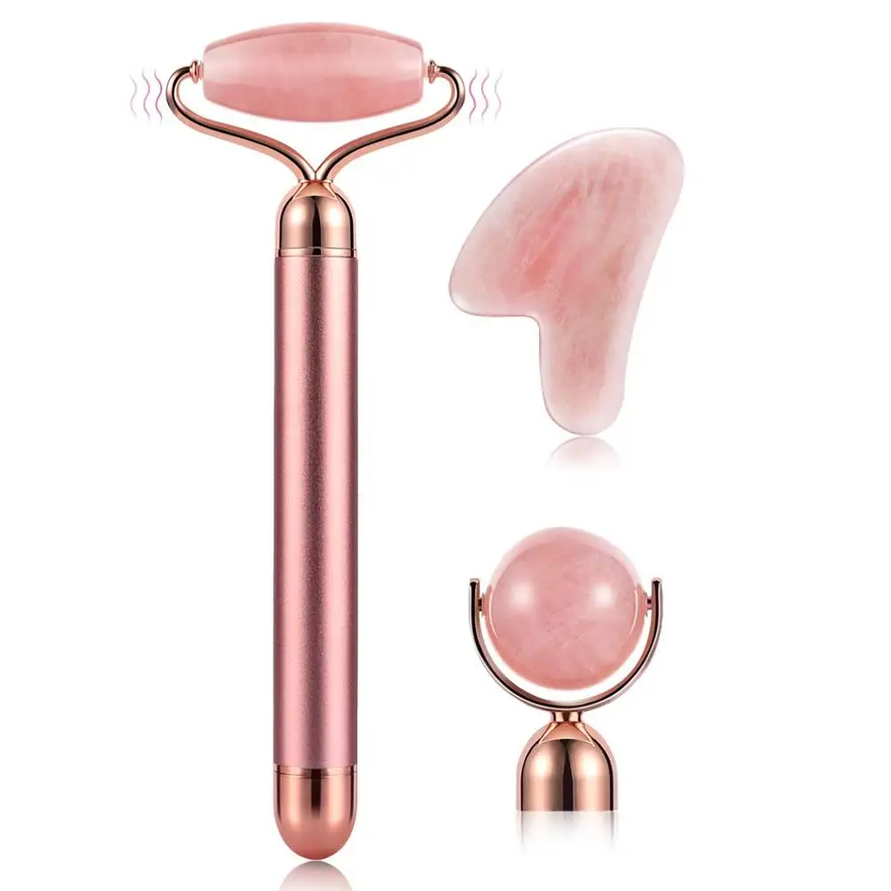 Электрический нефритовый ролик для лица и гуаша комплект роликов 3 в 1 из розового
