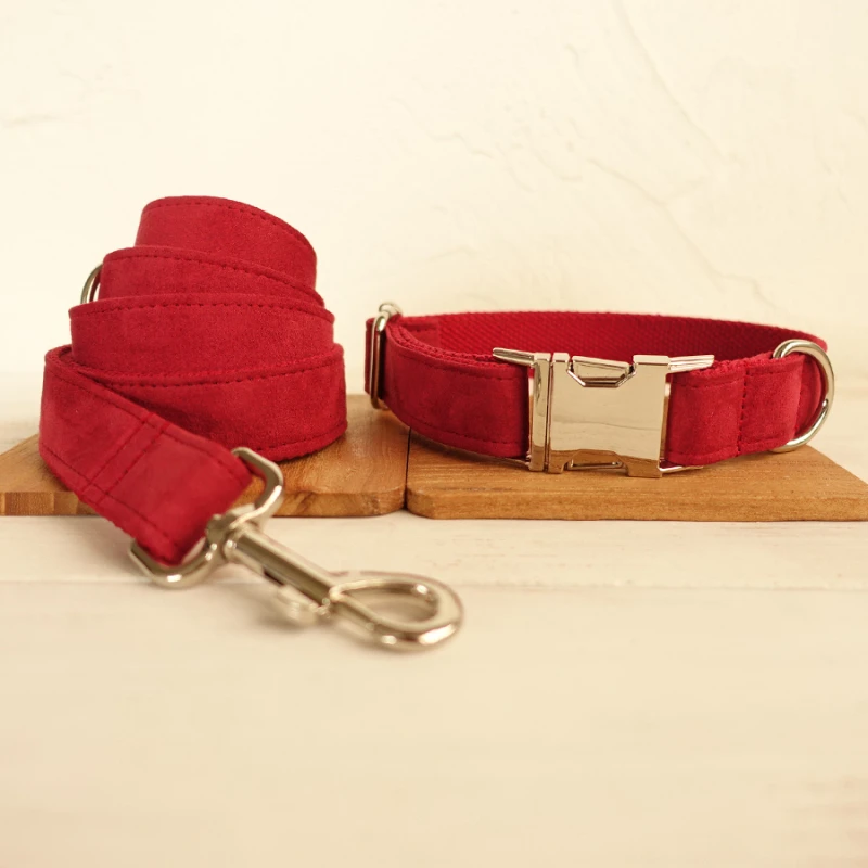 

Soft Suede Leather Dog Collars Adjustable Personalized Dog Collar Leash Set Red Nylon Pet Collar Bull Terrier Pugs