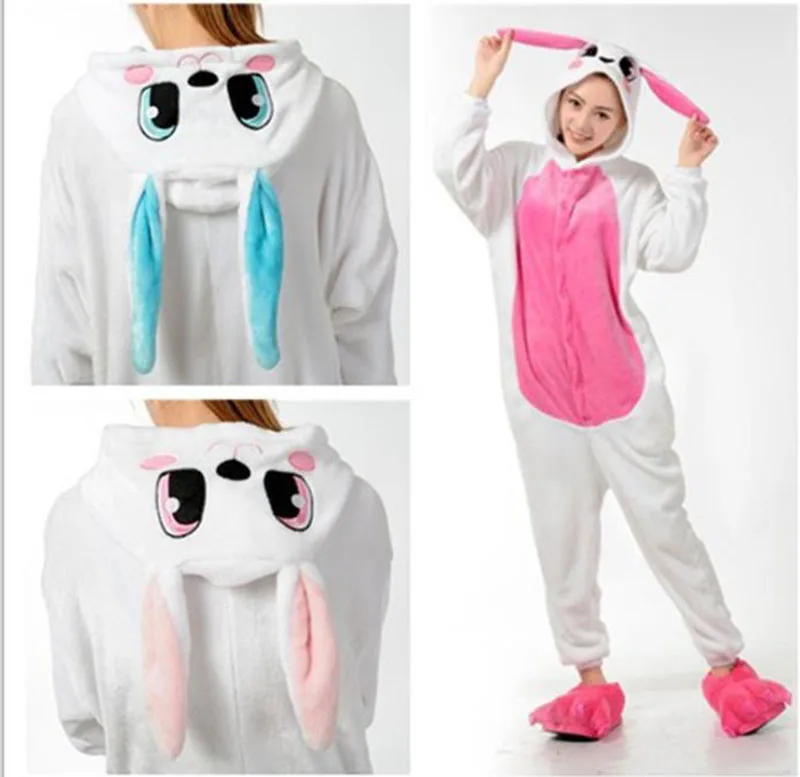 

Womens Romper Autumn winter flannel Soft jumpsuit cartoon animal cute blue pink rabbit one-piece Female loose plus size jumpsuit
