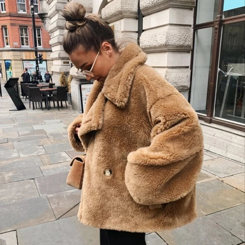 Classic Turn-down Collar Solid Faux Fur Jacket Coat Women 2019 Winter Warm Thicken Fake Lamb Overcoats Basic Soft Plush Overwear | Женская