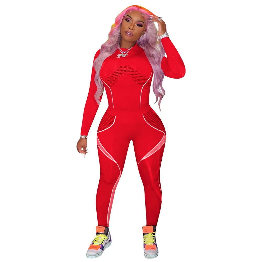 

Women Fitness Sporting Two Pieces Sets Striped Patchwork Long Sleeve Top Skinny Leggings 2021 Fashion Autumn 2 Piece Tracksuits
