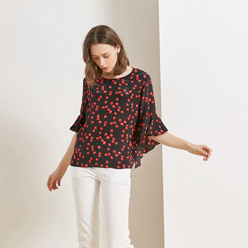 

Jinju spring and summer printed fashion wild silk women's T-shirt Fruit print streamer sleeves soft and elegant