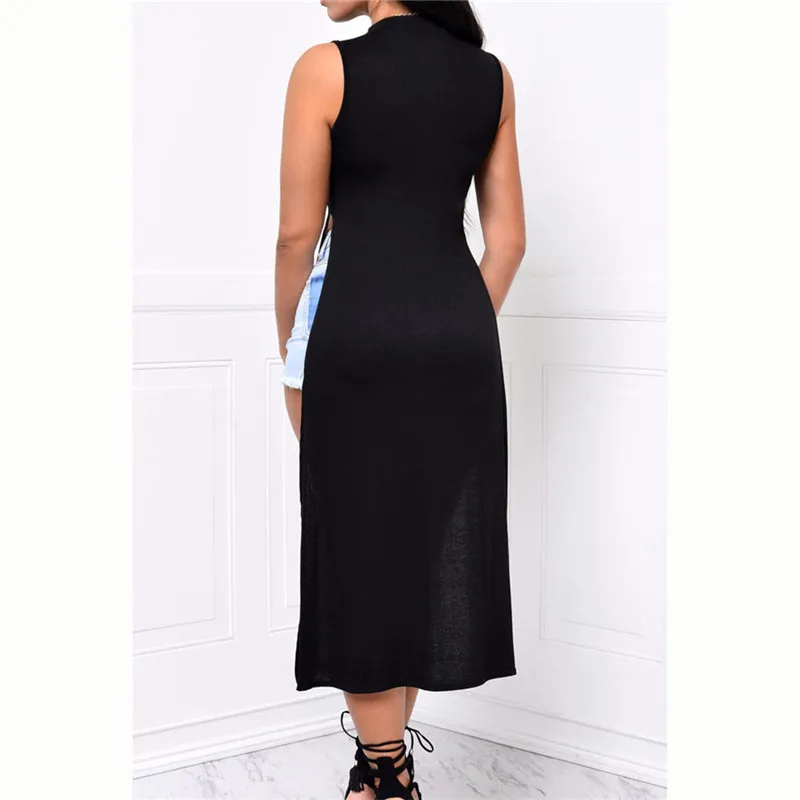 

New Sexy Women's Sleeveless O Neck Patchwork Side High Split Shirt Top Long Top Black White Maxi Dress