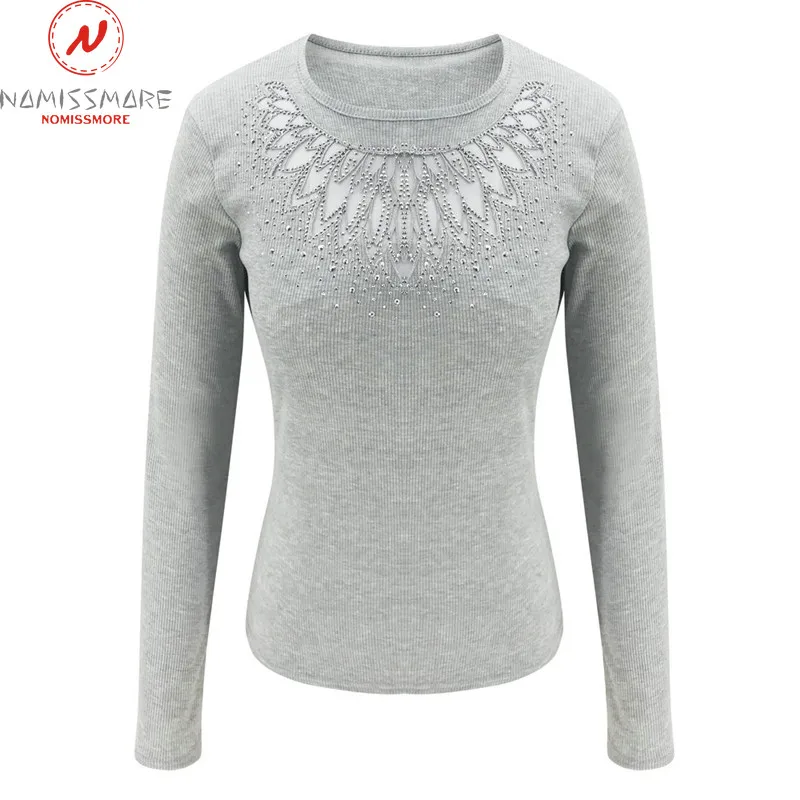 

New Elegant Women Autumn Slim T-Shirts Patchwork Hollow Out Design Beading Decor See Through O-Neck Long Sleeve Solid Tops S-5XL